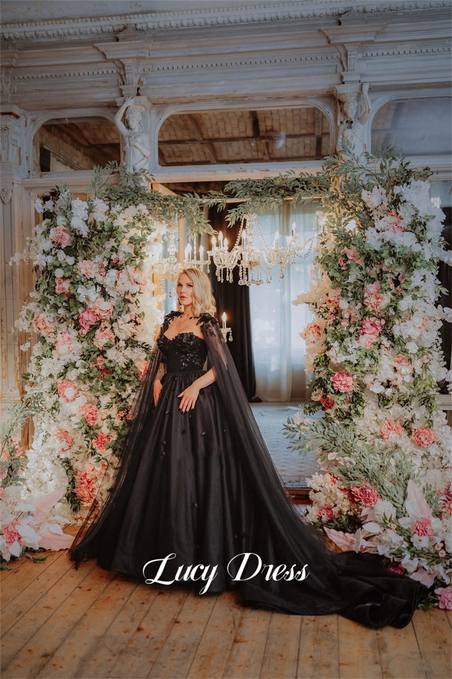 Lucy-vestido De novia negro con decoración De flores, lujosos vestidos De noche para mujer para bodas, bata De noche para mujer, fiesta personalizada