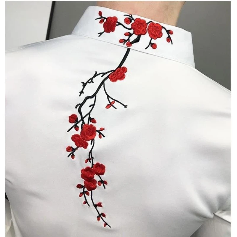 Spring Slim Floral Embroidery Long-sleeved Men\'s Shirts Harajuku Y2K Korean Casual Fashion Trend POLO Collar Tops Male Clothes