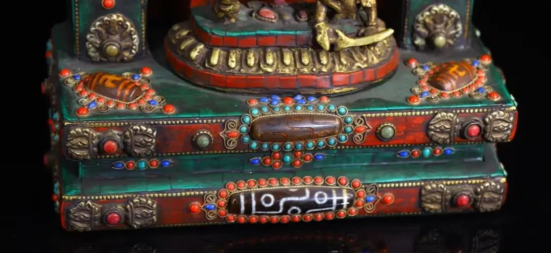 Old Bronze Painted Mosaic Gem gZi Beads Turquoise 1000 arm Vajra Buddha Buddhist Niche Worship Hal