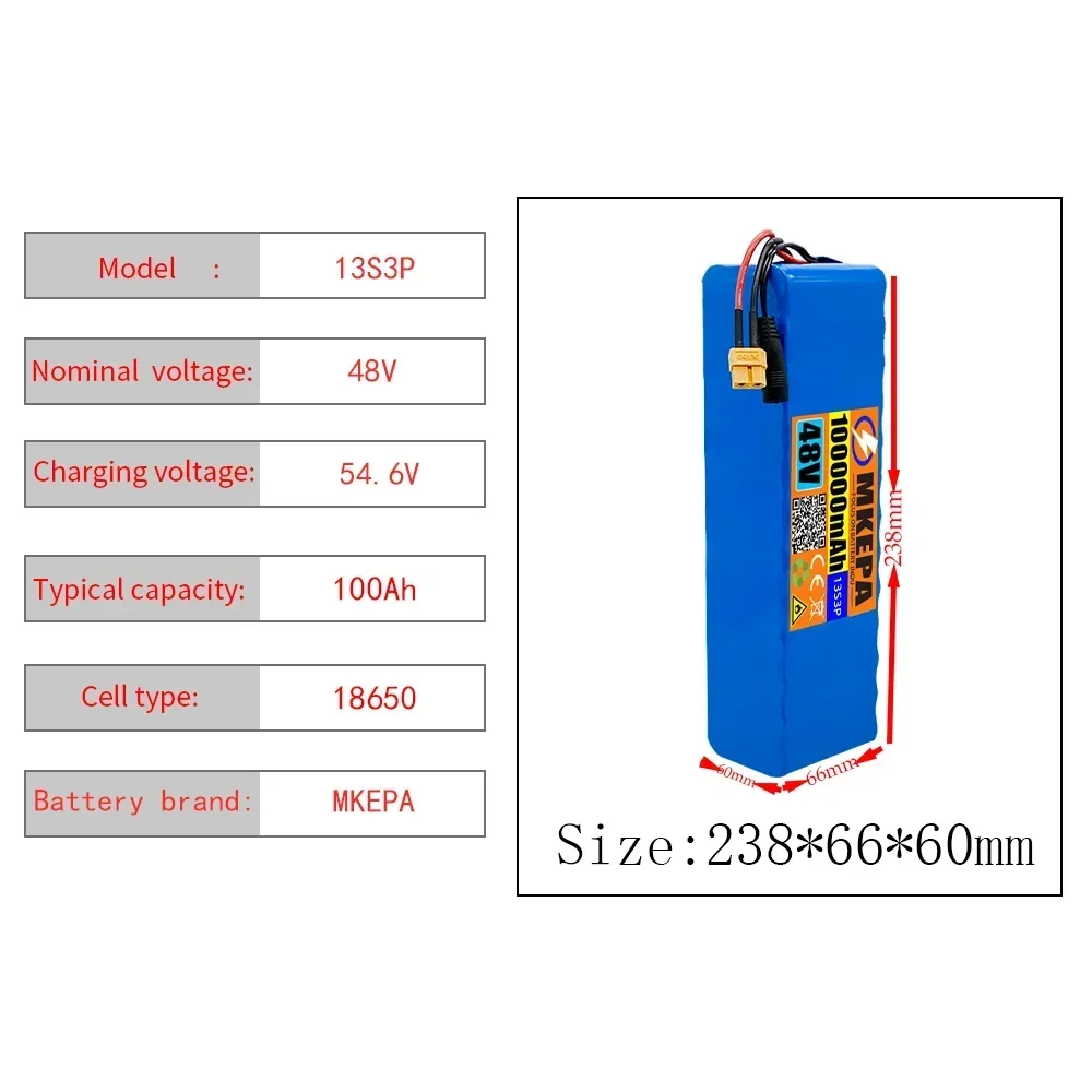 Imagem -02 - Bateria de Iões de Lítio 13s3p 48v 100000mah 100ah 1000w Bms para 54.6v E-bike Bicicleta Elétrica Scooter