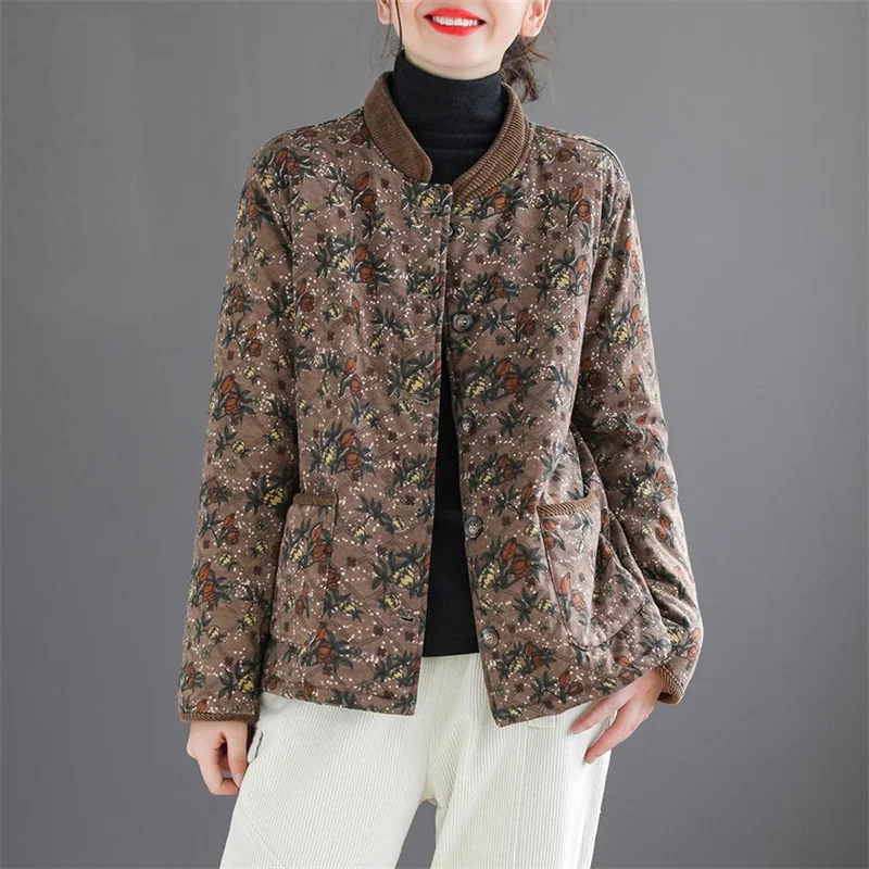 Cotton Jacket Women High-end Cotton Jacket Women Autumn Winter Korean Foreign Style Warm Cotton Coat Mothers Printed Stitching