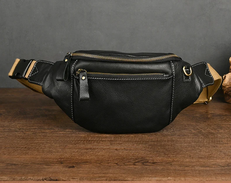 Imagem -06 - Couro Genuíno Bolsa da Cintura para Correr Moda Cowskin Bolsa de Peito dos Homens Bolsa da Cintura Único Ombro Mochila Masculino Peito Pacote Pequeno