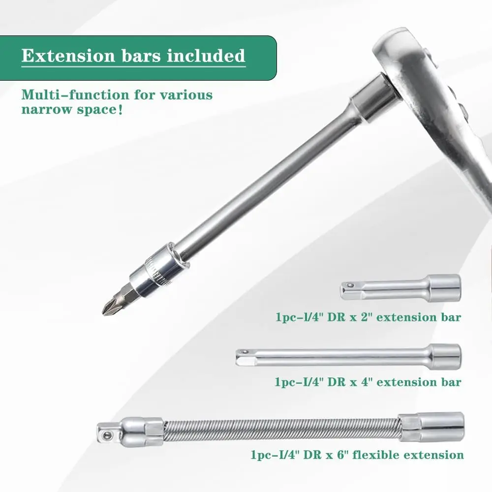46 قطعة 1/4 بوصة محرك المقبس اسئلة وجع مجموعة، مع بت مجموعة مقابس متري وشريط تمديد لإصلاح السيارات والدراجات #2