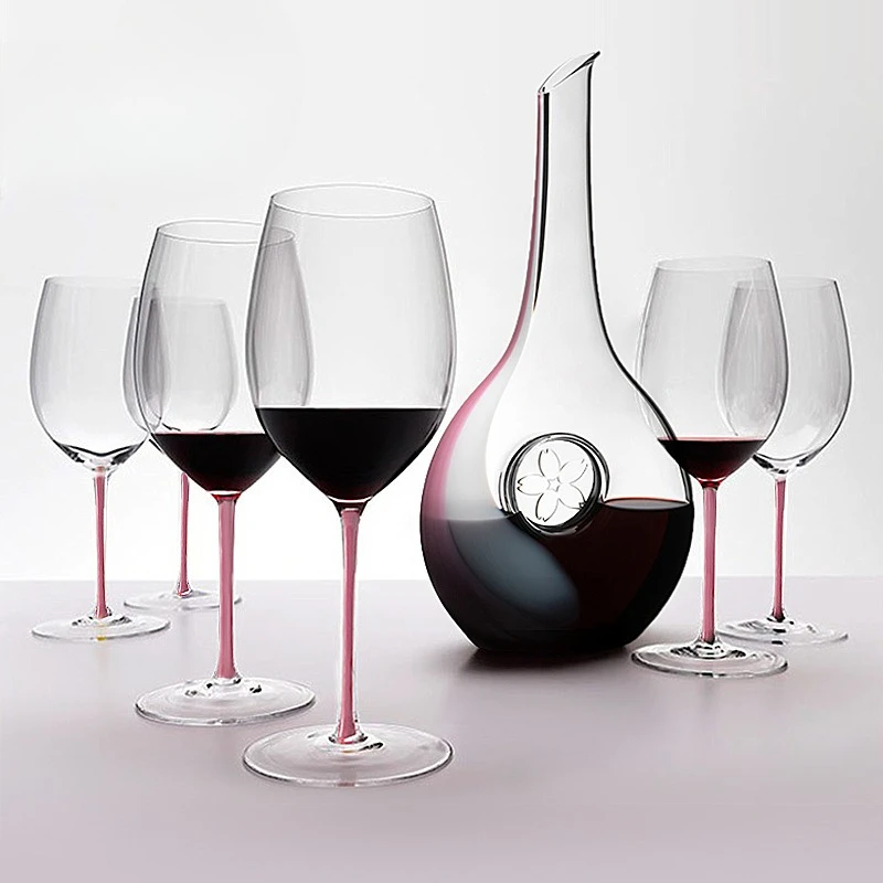 Pink cherry blossom hand-blown decanter set, wine dispenser, red wine glass tasting set