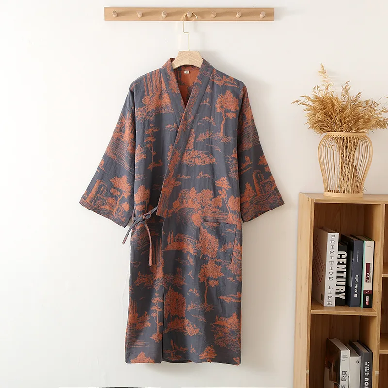 Pure Cotton Half Sleeve Bathrobe For Men Floral Printed Sleepwear Dressing Gown Loose Nightwear Male Home Clothes Soft Wear