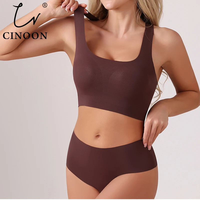 

CINOON Soft Seamless Wireless Bra Set Minimalist Racerback Bralette Set Sport Yoga Breathable Panties Set Solid Color Intimates
