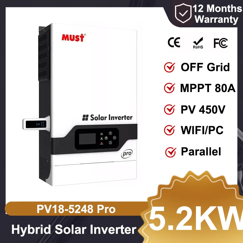 يجب أن PH1800 برو 5.2KW 48 فولت نقية شرط موجة الهجين الشمسية العاكس PV 450 فولت MPPT 80A دون بطارية العمل النظام الشمسي موازية واي فاي