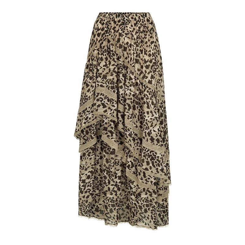 Trendix Leopard Print Maxi Skirt Femme Fashion Patchwork Ruffle High Waist Long Skirts Street Casual Party Modne spódnice damskie