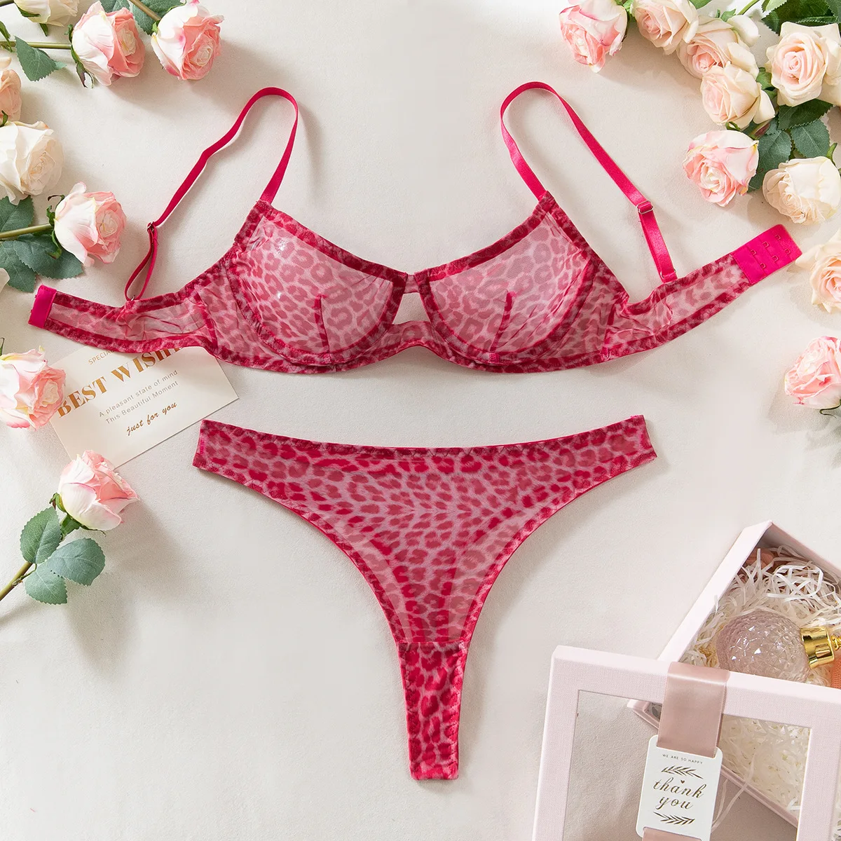 Seamless Leopard Printed Underwire Bra and Panty Set Women Underwear Lace See Through Push Up Sexy Lingerie Outfit view 4