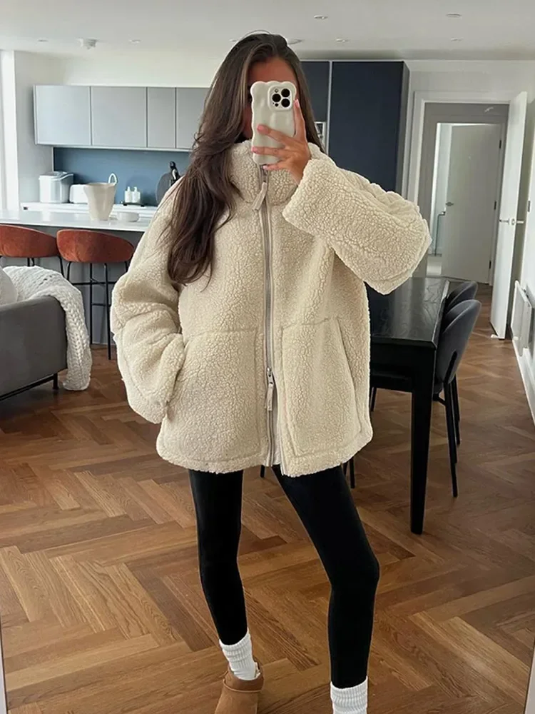 Fashion Women Solid Double Headed Zipper Lamb Wool Coat Casual Stand Collar Long Sleeve Pocket Jacket Autumn Winter Warm Outwear