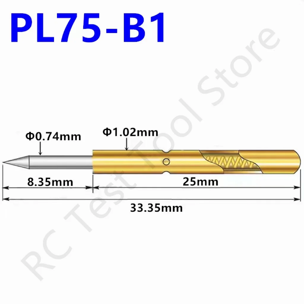 20/100PCS PL75-B1 Spring Test Probe PL75-B Nickel Plated Sharp Tip Head Dia 0.74mm PCB Test Pin Pogo Pin Length33.35mm Dia1.02mm