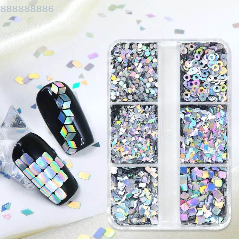 Glitter per unghie Flash Modelli geometrici Decorazione con ciondolo per unghie per unghie migliorate 6 griglie Strumenti per manicure fai-da-te Laser per il miglioramento delle unghie