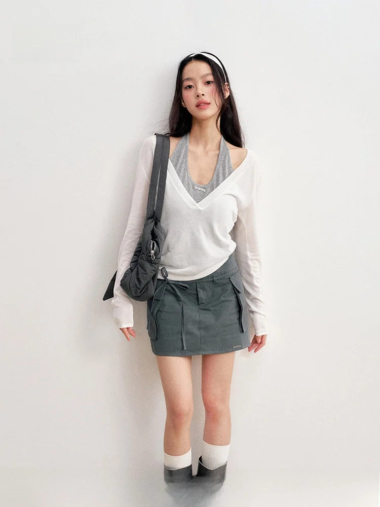 

Повседневный свободный вязаный топ Liilou с глубоким V-образным вырезом и бретельками, дизайн с цветовыми блоками, 100% лиоцелловое волокно, одежда Ciwalk для девочек