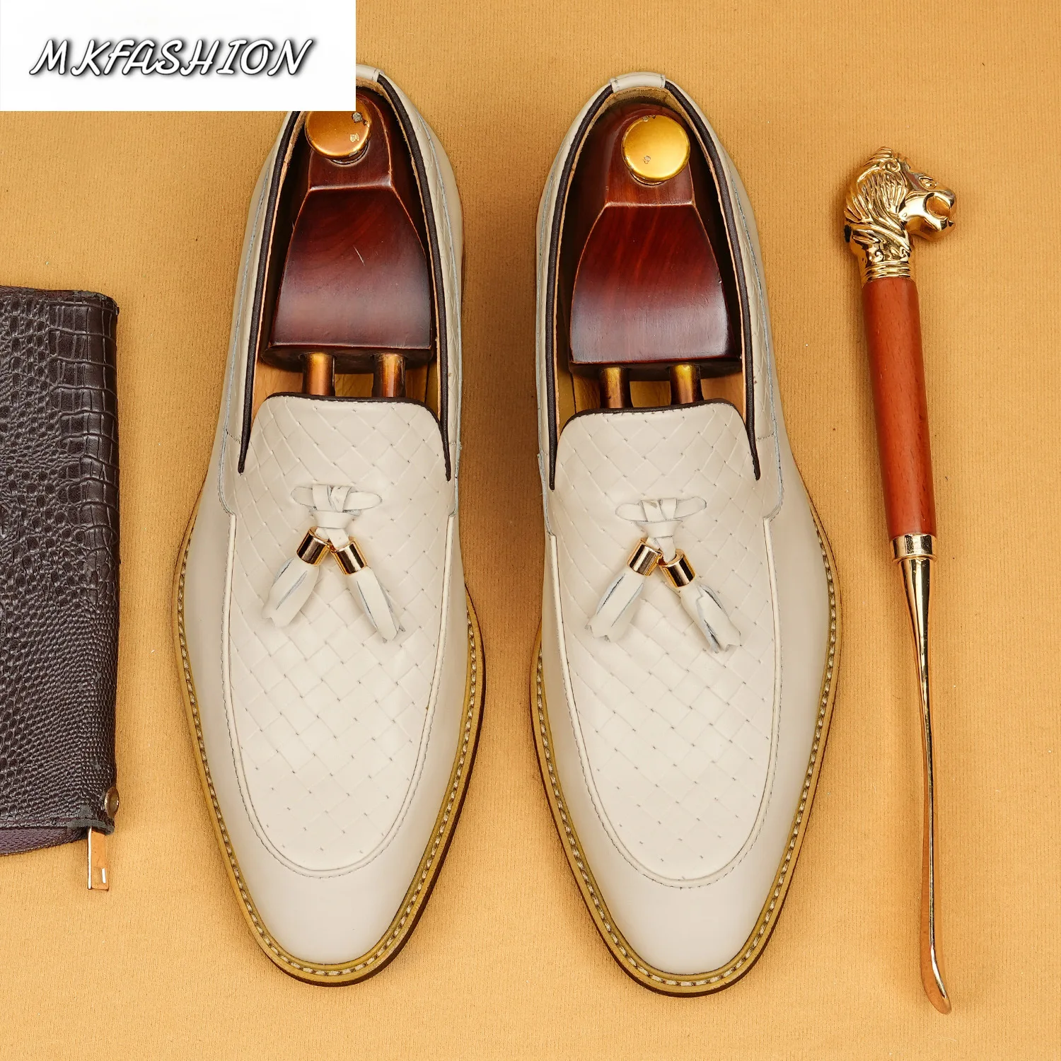 Men's Genuine Leather British Pointed Toe Flats with Tassel Business Wedding Casual Shoes