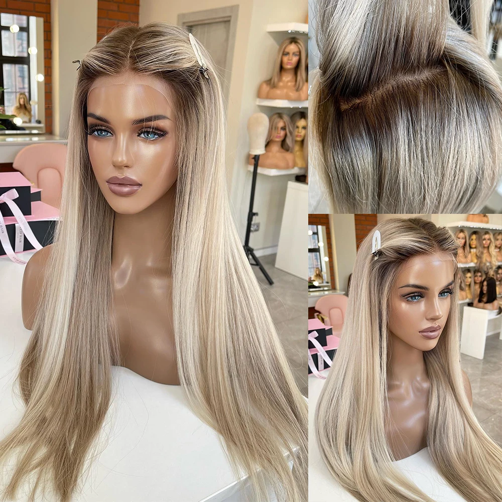 

Luxury Balayage Highlight Full Lace Wigs Light Ash Blonde Roots 100% Human Hair Swiss HD 13x6 Lace Frontal Glueless Wig 150%