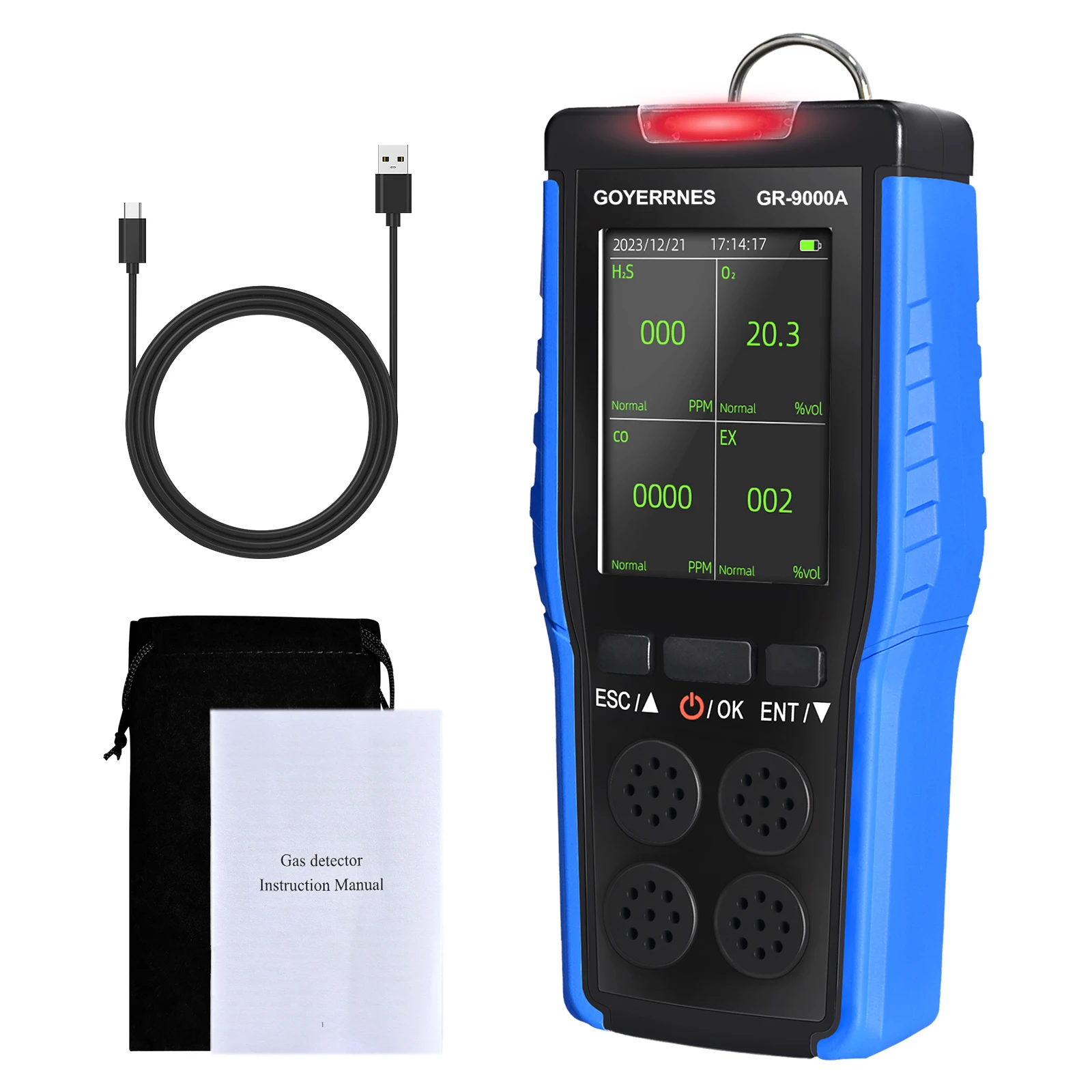 

Portable 4-in-1 Handheld Gas Tester for O2 CO H2S EX, Rechargeable LCD Monitor with Vibration Alarm for Chemical Industry