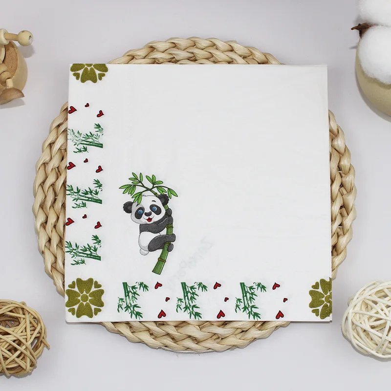 20pcs 33 * 33cm 2Layer Chinese Element Napkins Panda Bamboo Leaf Printed White Disposable Table Mat DIY Decoupage Paper