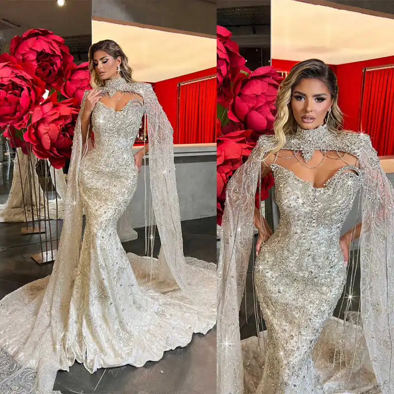 

Sexy High Neck Mermaid Wedding Dress Modern Crystal Beaded Bride Dresses Tassels Floor Length Customized Bridal Gown