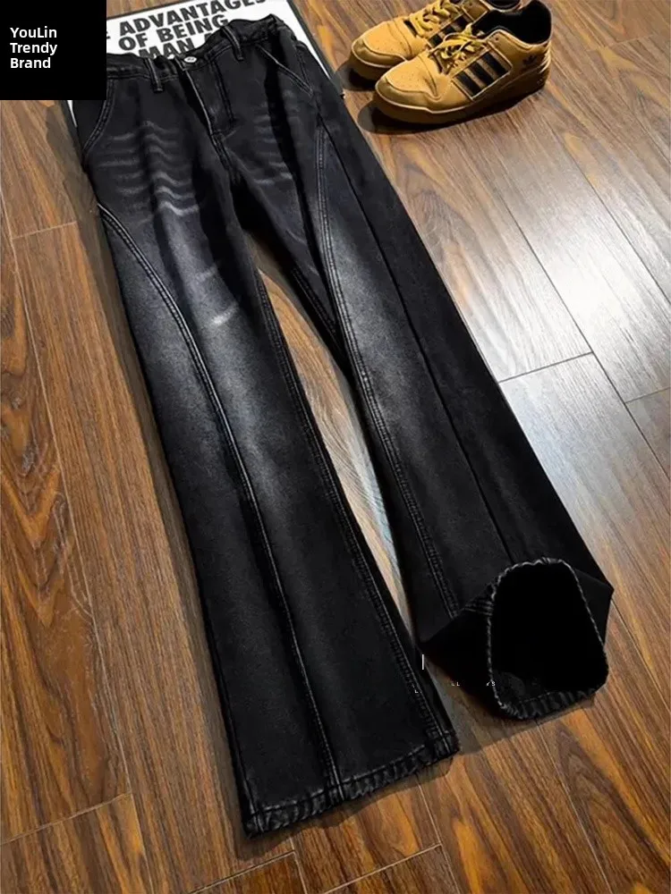 

American Retro Knife Denim Jeans Men's Winter Fce High Street Straight Leg Slimming Flared Pants Youth Trend Casual