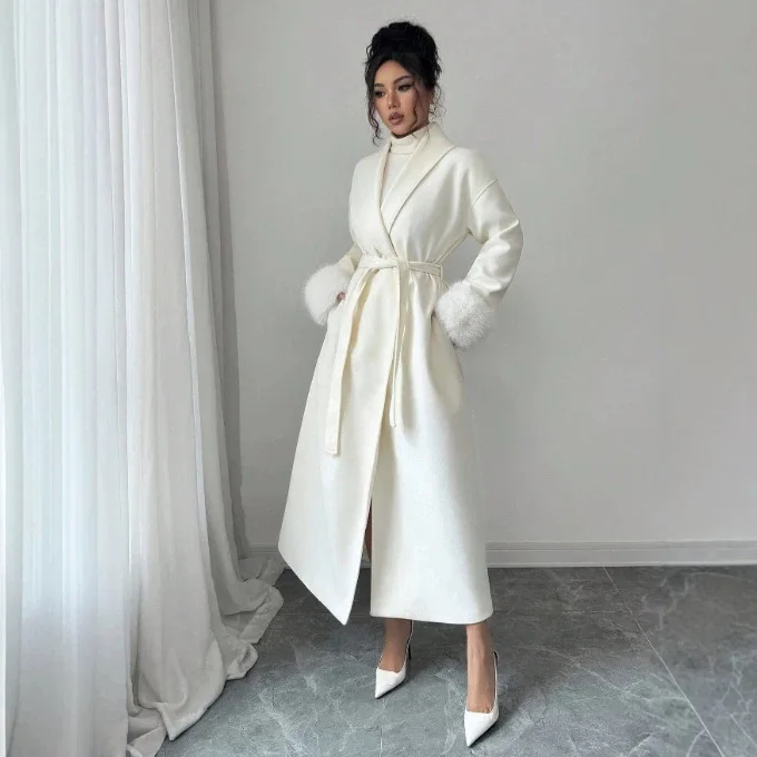 Street Furry Patchwork Slim Women's Long Woolen Overcoats V-neck Full Sleeve Lace Up Coats Fashion Office Lady Autumn Outerwears