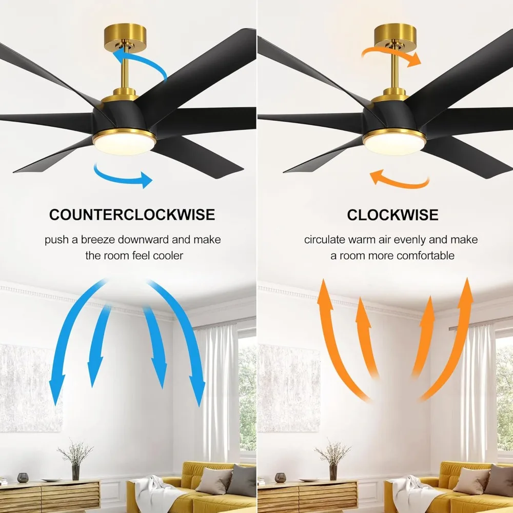 مراوح سقف مع أضواء وجهاز تحكم عن بعد، مروحة سقف باللونين الأسود والذهبي مقاس 65 بوصة مع 6 شفرات، محرك تيار مستمر قابل للعكس، 3 ألوان لدرجة حرارة، #3