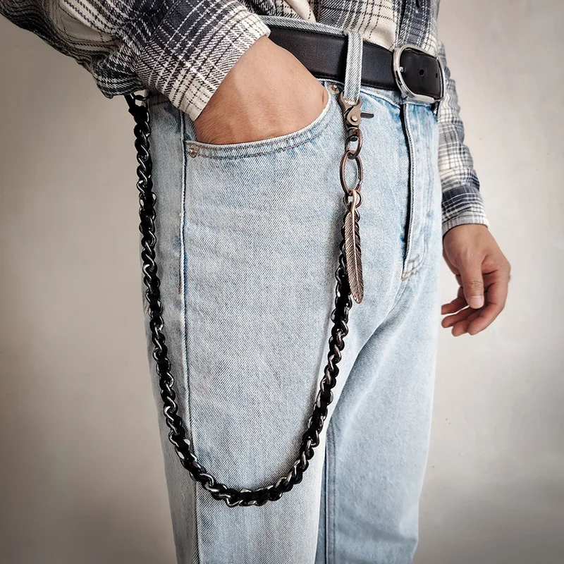 Chain For Pants Feather Charm KeyChain Hip Hop Street Punk Alloy Black Chains Black Bown Flannel Versatile