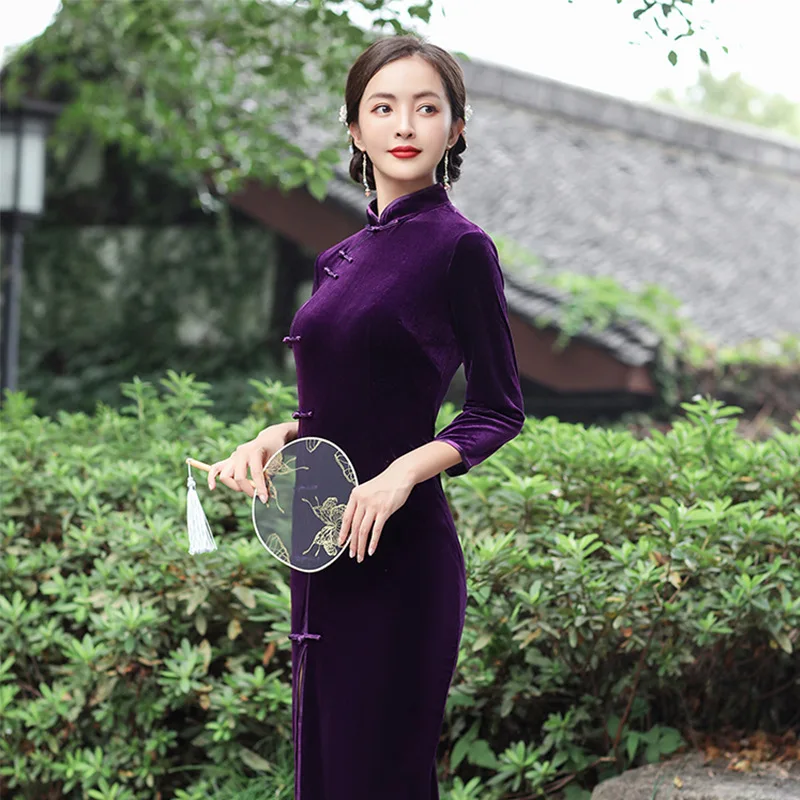 Wine Red Chinese Traditional Cheongsam Autumn Winter Velvet Dress Handmade Button Vintage Women Long Dresses Sexy Qipao