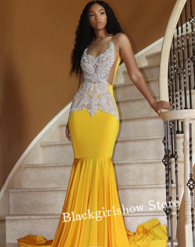 Shiny lemon yellow Prom Dress For Black Girls 2024 Luxurious diamond beaded mermaid dress Celebrity robes de soirée