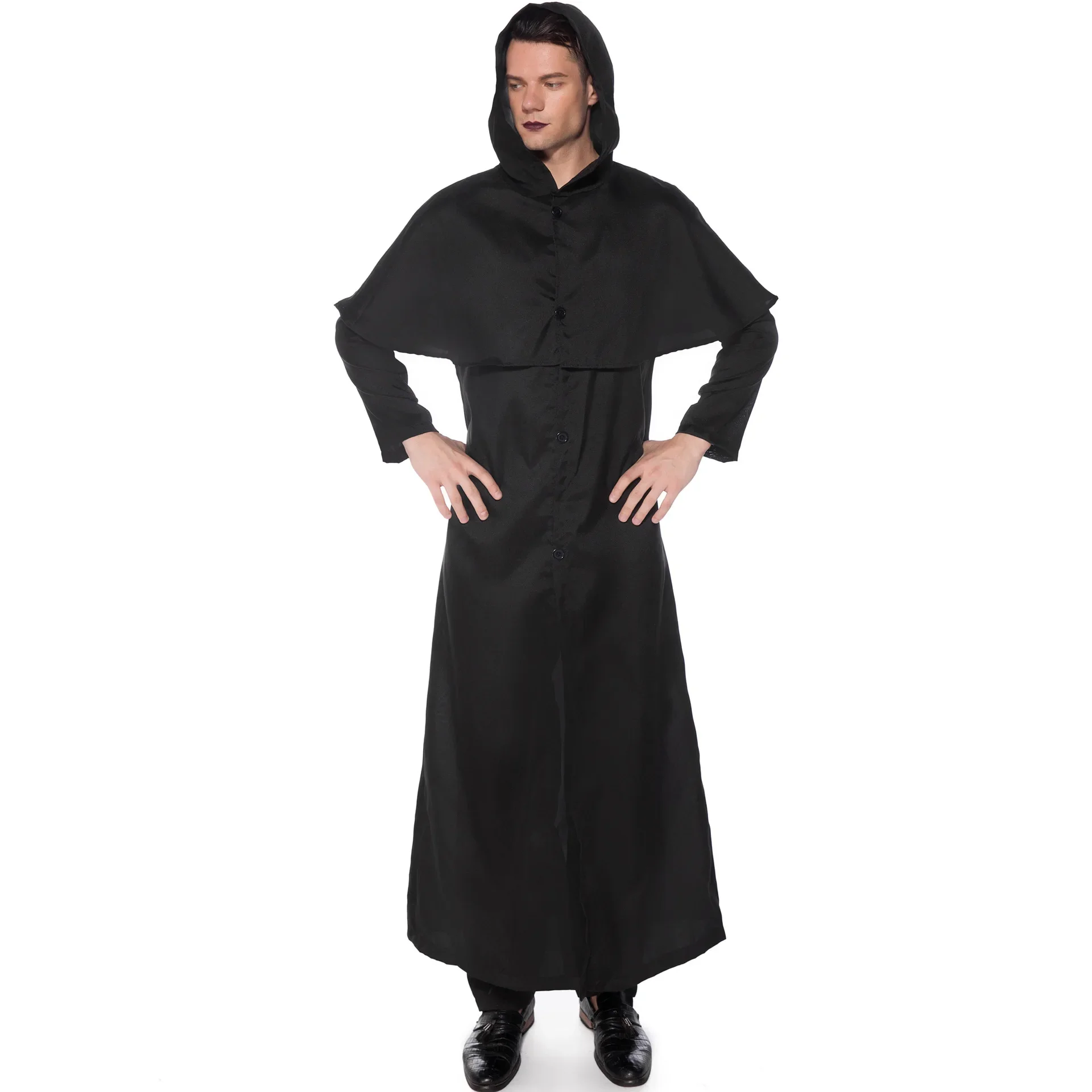 Black Robe Wizard Clothing Men Priest Vampire for Cosplay Halloween Adult Medieval Monk Role Play Costume Grim Reaper Outerwear