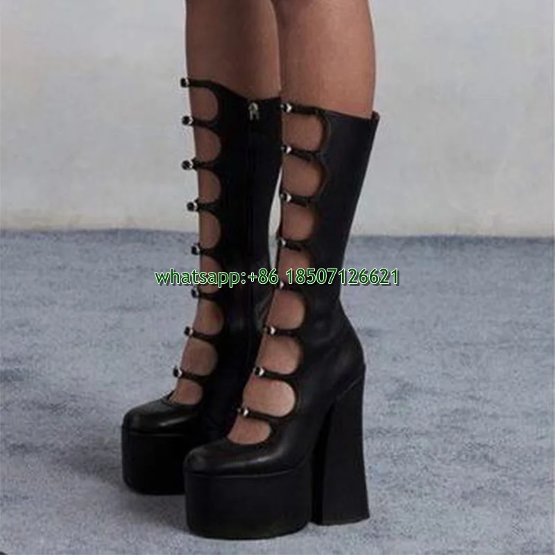 Solid Color Satin Platform Thick Heel Knee-High Boots Large Size Buckle Strap Decoration Thick-Soled Shoes For Women