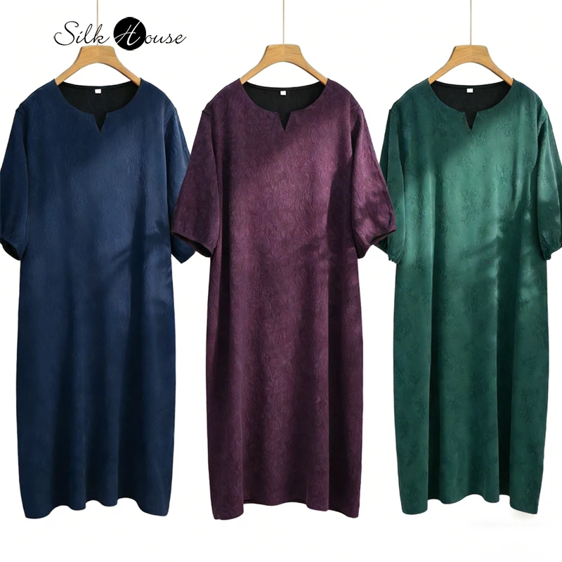 

Plus Size 2026 Women's Fashion Spring/Summer New Elegant Heavy Weight 100% Natural Mulberry Silk GuanLe Crepe Half Sleeve Dress