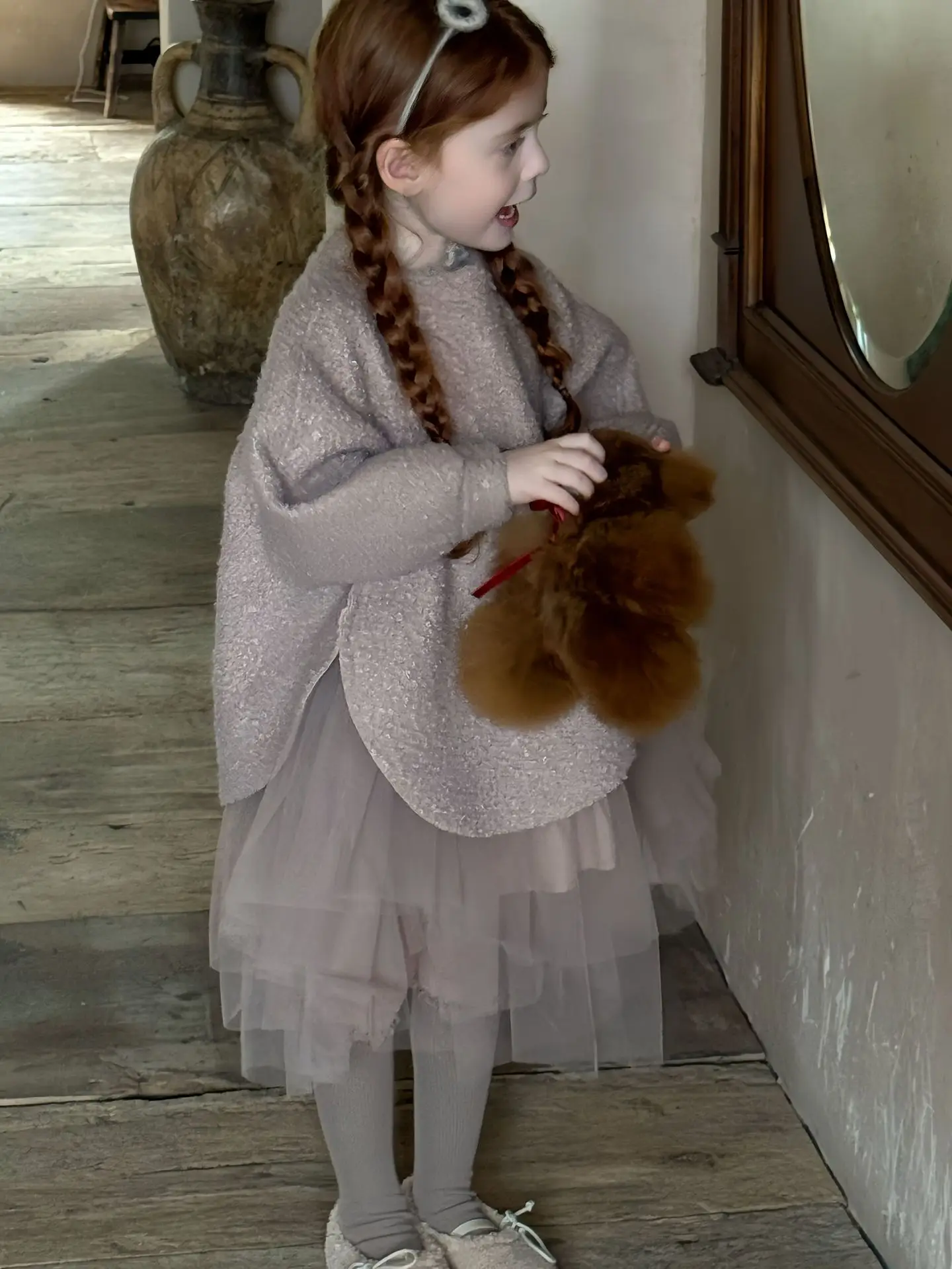 Girls Dress 2024 Winter New Children\'s Korean Sheep Curly Wool Gauze Woolen Splicing Dress