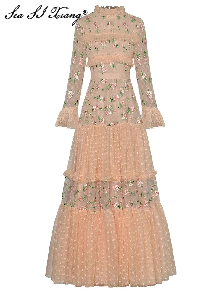 

Seasixiang Fashion Designer Autumn Long Dress Women Stand Collar Flare Sleeve Ruffle Flower Embroidery Vintage High Waiste Dress