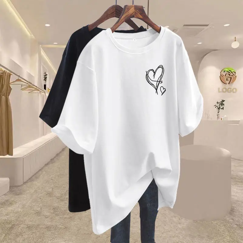 Sommer 2025, neue Elegante Liebe Druck T-shirts Frauen Kleidung Beiläufige Lose Baumwolle Pullover Büro Dame Grundlegende Kurzarm Top Tees