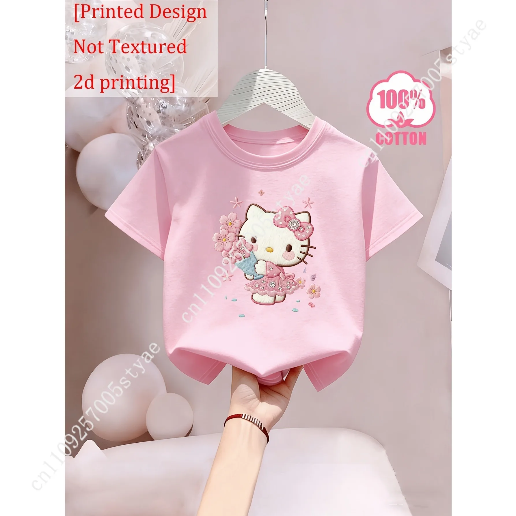 

Girls Bow Cherry Blossom Hello Kitty Pastoral Style Imitation Pattern Print Design Untextured 2D Prin Round Neck T-shirt