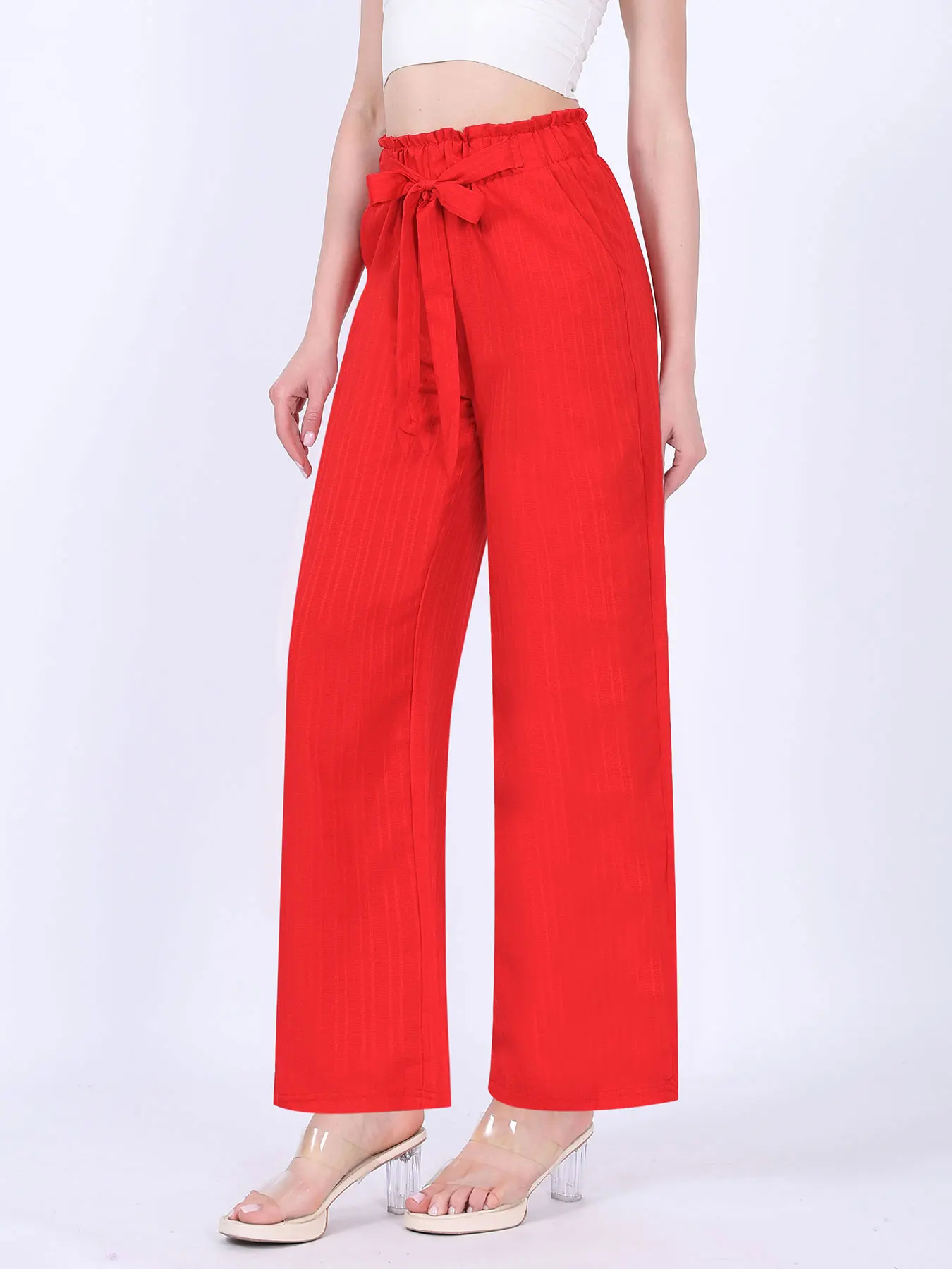 Fashion Lace-up Red Wide Leg Pants Casual Loose Elastic High Waist Cotton-linen Long Pants For Women Trouser Streetwear