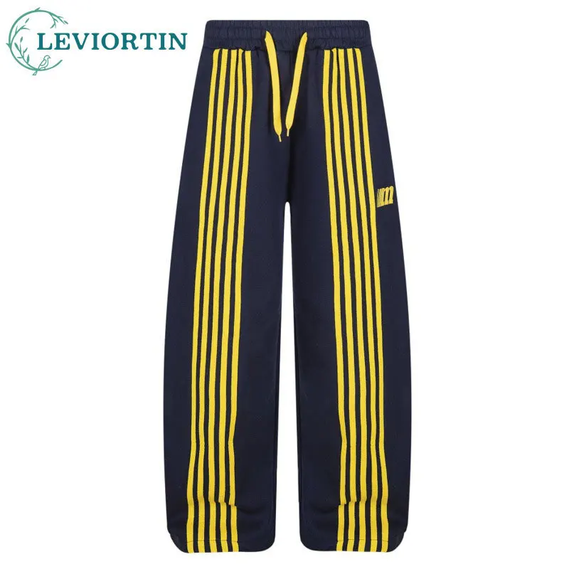 

2025 осенняя мужская мода, уличный тренд, три полосы, лента, дизайн, силуэт, повседневные спортивные свободные широкие брюки