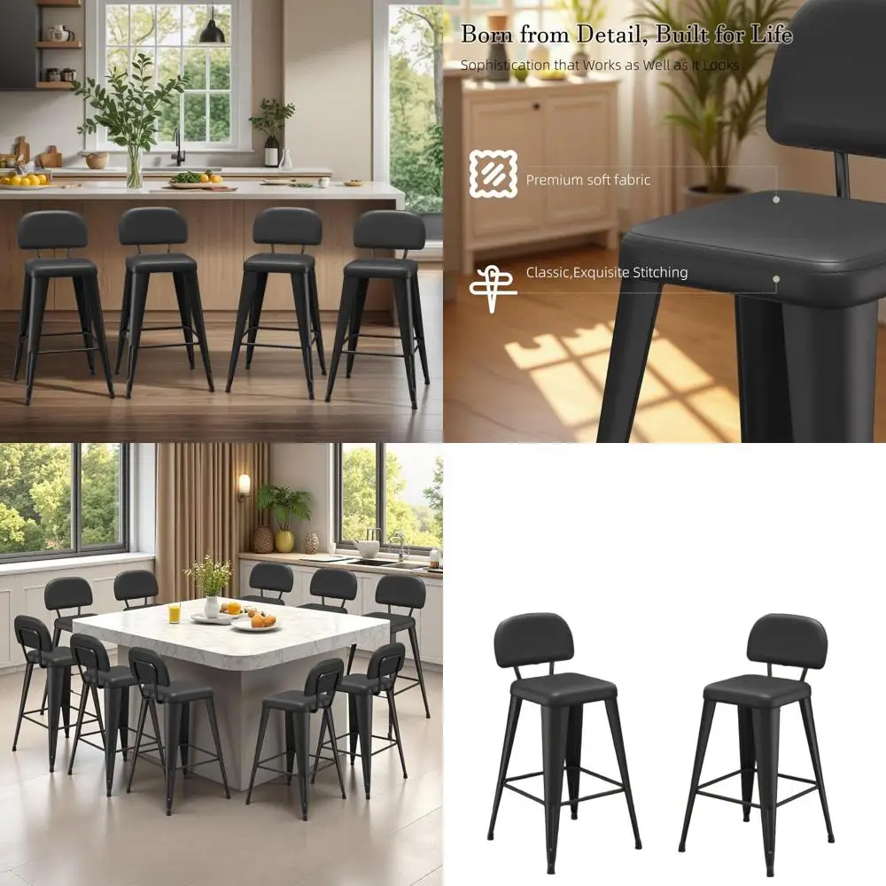 

Pair of 24 Upholstered Metal Bar Stools, Counter Height with Detachable Backs, Ideal for Kitchen Islands and Cafes (Black)