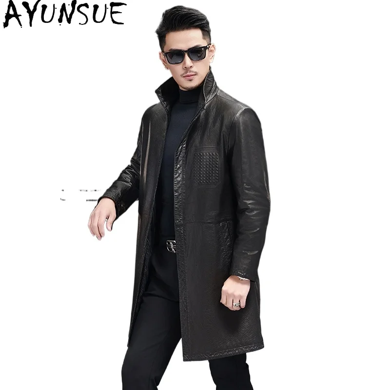 AYUNSUE Real Cowhide Leather Jackets for Man Mid-length Trench Coat Stand Collar Genuine Leather Jacket High-end Black Overcoat