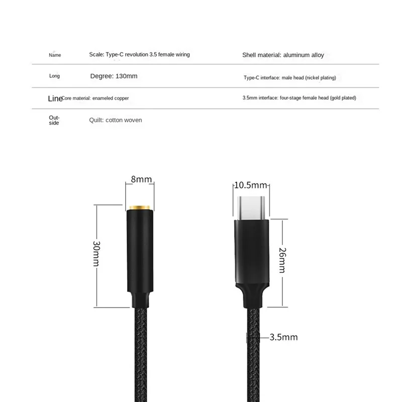 Adaptador tipo C a auriculares para teléfono Android, Cable de interfaz de Audio tipo C a 3,5 Mm, negro