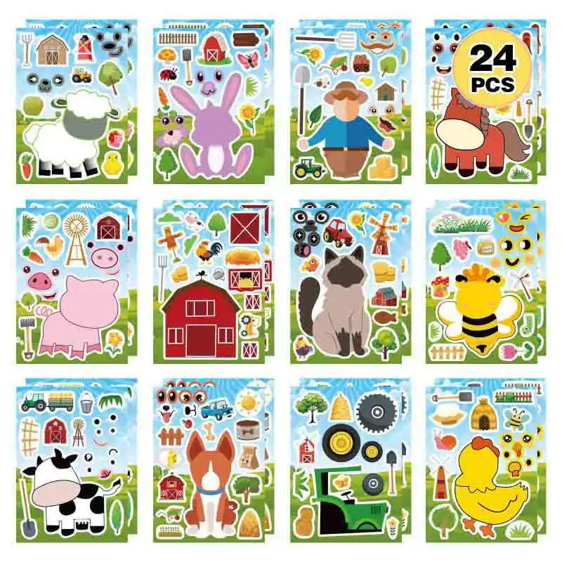 

12 листов делают вам собственную мультяшную ферму, наклейки, детские наклейки-головоломки «сделай сам», игры-головоломки, делают лицо, животные, сборные наклейки-головоломки для детей