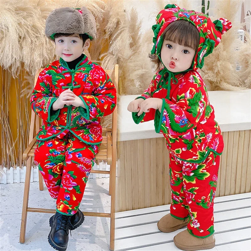 

Kids Northeast Flower Cotton Padded Jacket Boys Girls National Warm Clothes Chinese Style Red Peony Top Pants Hat Set Children