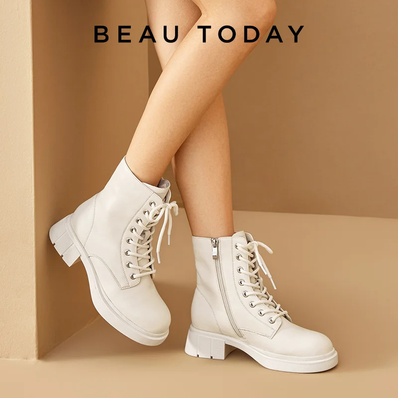 BeauToday Ankle Boots Women ​Platform Leather Round Toe Side Zipper Lace-Up Ladies Non-slip Thoes ​Handmade 04492