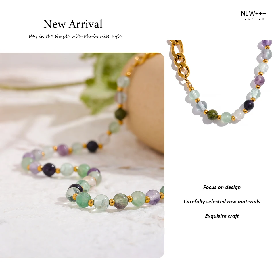 Yhpup Wasserdichte, stilvolle, bunte Natursteinperlenkette, Edelstahl-Halskette für Frauen, exquisiter handgefertigter Schmuck, neu – Detail 12