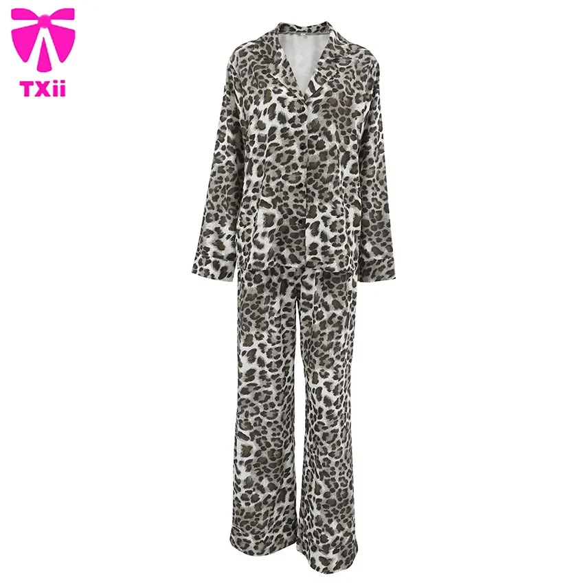 TXii New Leopard Print Women\'s Pajama Set Spring Autumn Ladies Homewear Turn Down Collar 2 Pcs with Pant Pyjama Suit Female