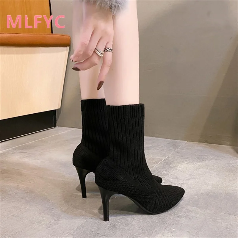 Temperament Pointed Elastic Knitted Socks and Boots Women's Thin Heels Autumn and Winter Slim High Heels Short Boots