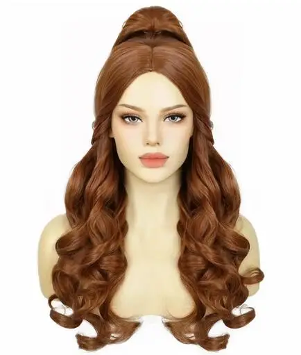 Perfect Women Ponytail Wig Long Curly Auburn Brown Belle Princess Cosplay Costume Wig For Halloween Christmas Thanksgiving