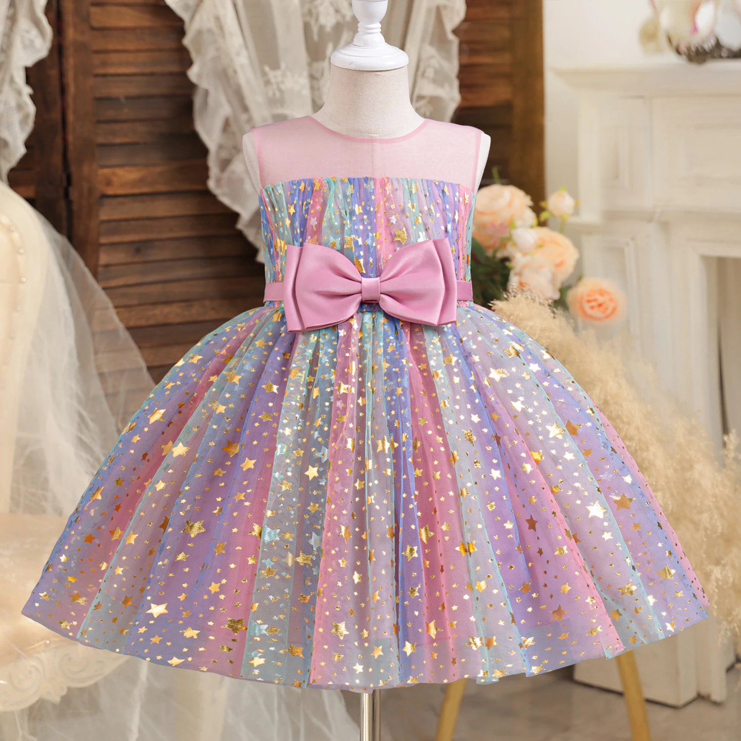 Unicorn Christmas Dresses Elegant Girls Rainbow Dress Kids Birthday Party Prom Gown Princess Tulle Luxury Formal Gala Costume