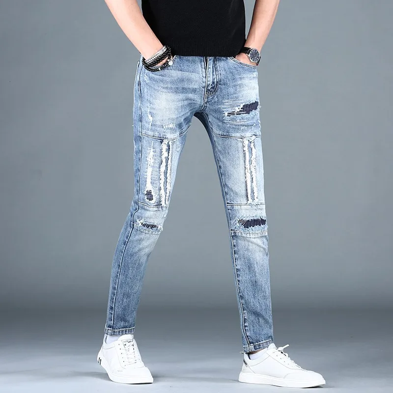 Summer Light Blue Ripped Jeans Men Streetwear Casual Patchwork Slim Fit Straight Denim Pants