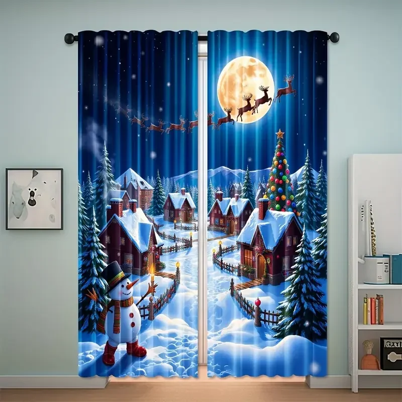 Magical Christmas Winter Scene Curtains Snow Falling Village Night Lights Holiday Decor Window Curtain Panels